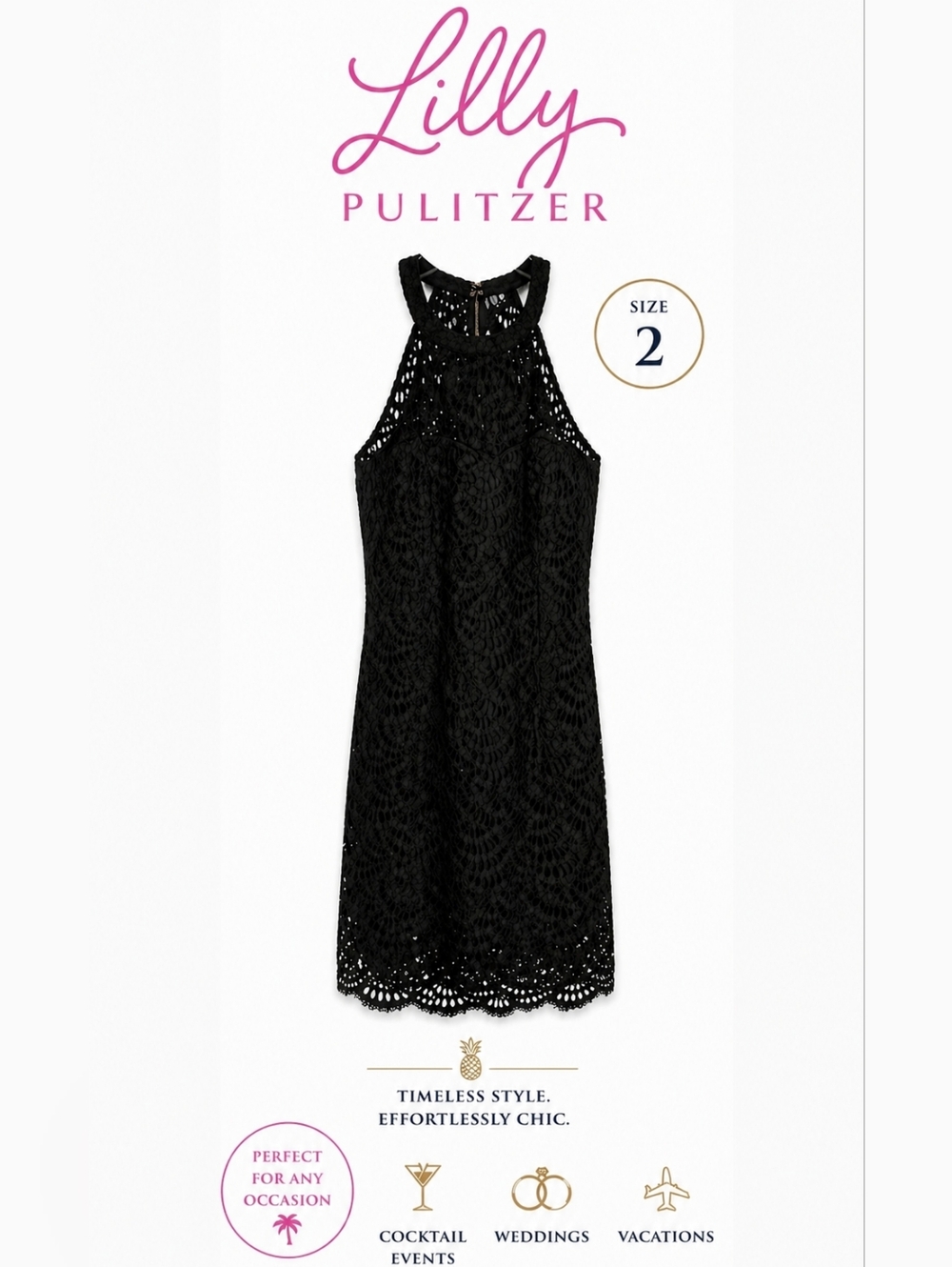 Lilly Pulitzer Black Lace Halter Dress Size 2 | Eyelet Midi Cocktail Dress - Picture 1 of 13